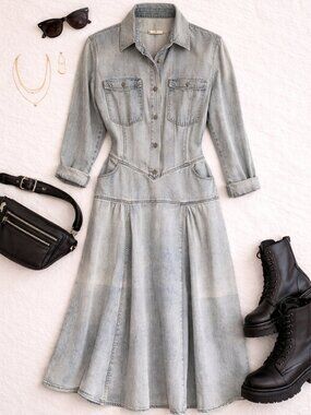 Brenner Gray Denim Style Button Back Dress Size 14 Vintage Look